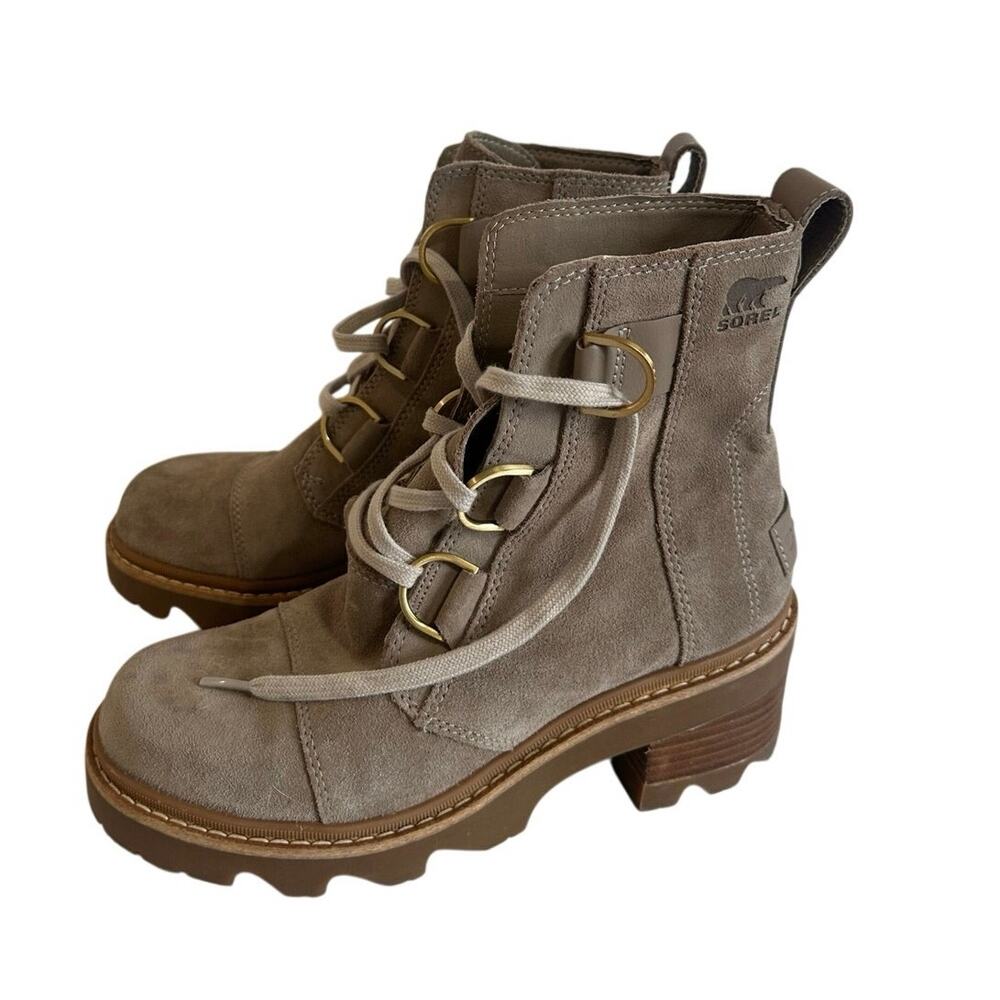 Sorel Joan Now Lace Up Lug Sole Boots Brown Taupe Sz 7 Great Cond!